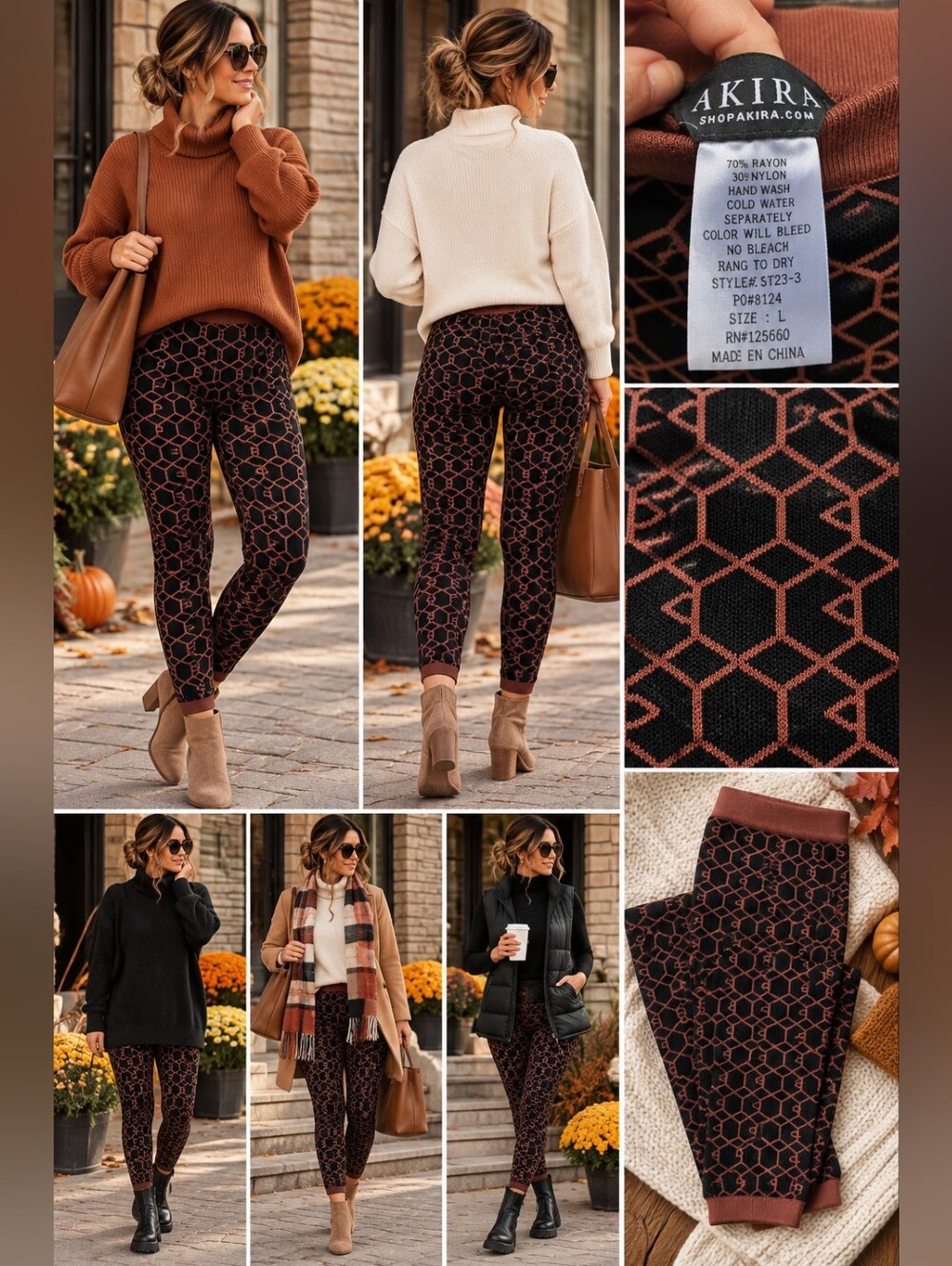 AKIRA Women’s Geometric Knit Pull-On  Sweater Leggings Black Rust Size Large